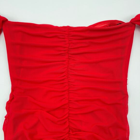 Majorelle | Elise Cherry Red Mesh Ruched Off Shoulder Midi Dress S - Picture 12 of 16